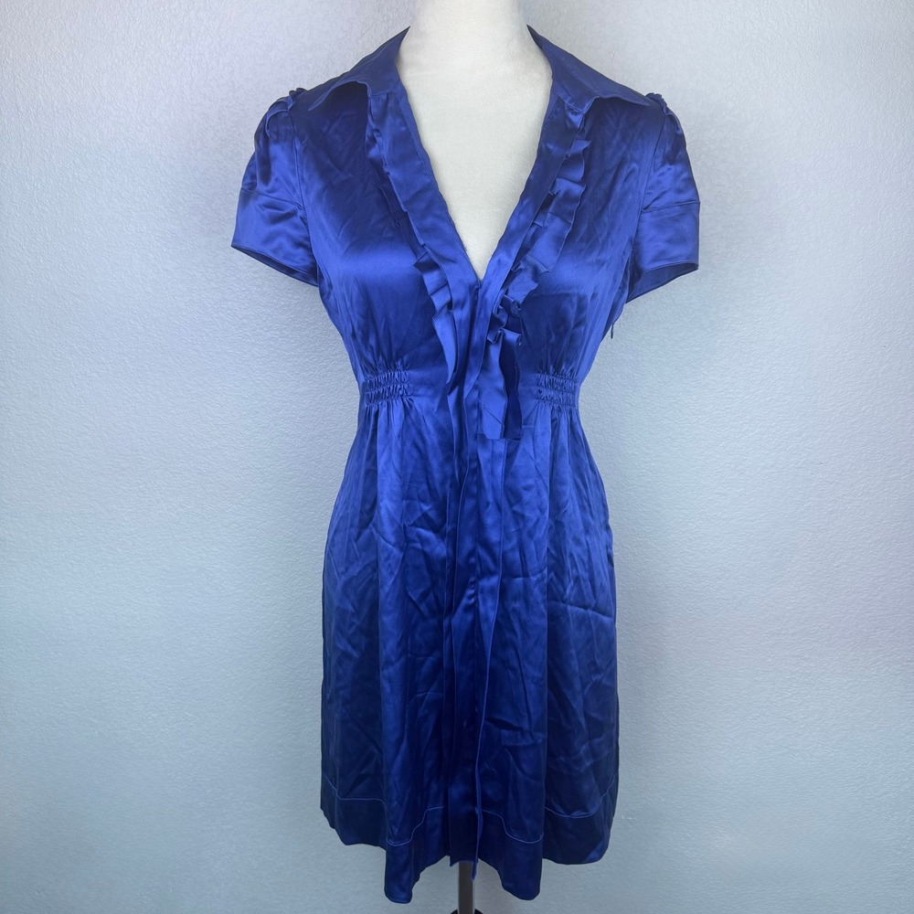 BCBGMAXAZRIA Silk Royal Blue Ruffle Smocked V Neck Chic Mini Dress Womens Size S
